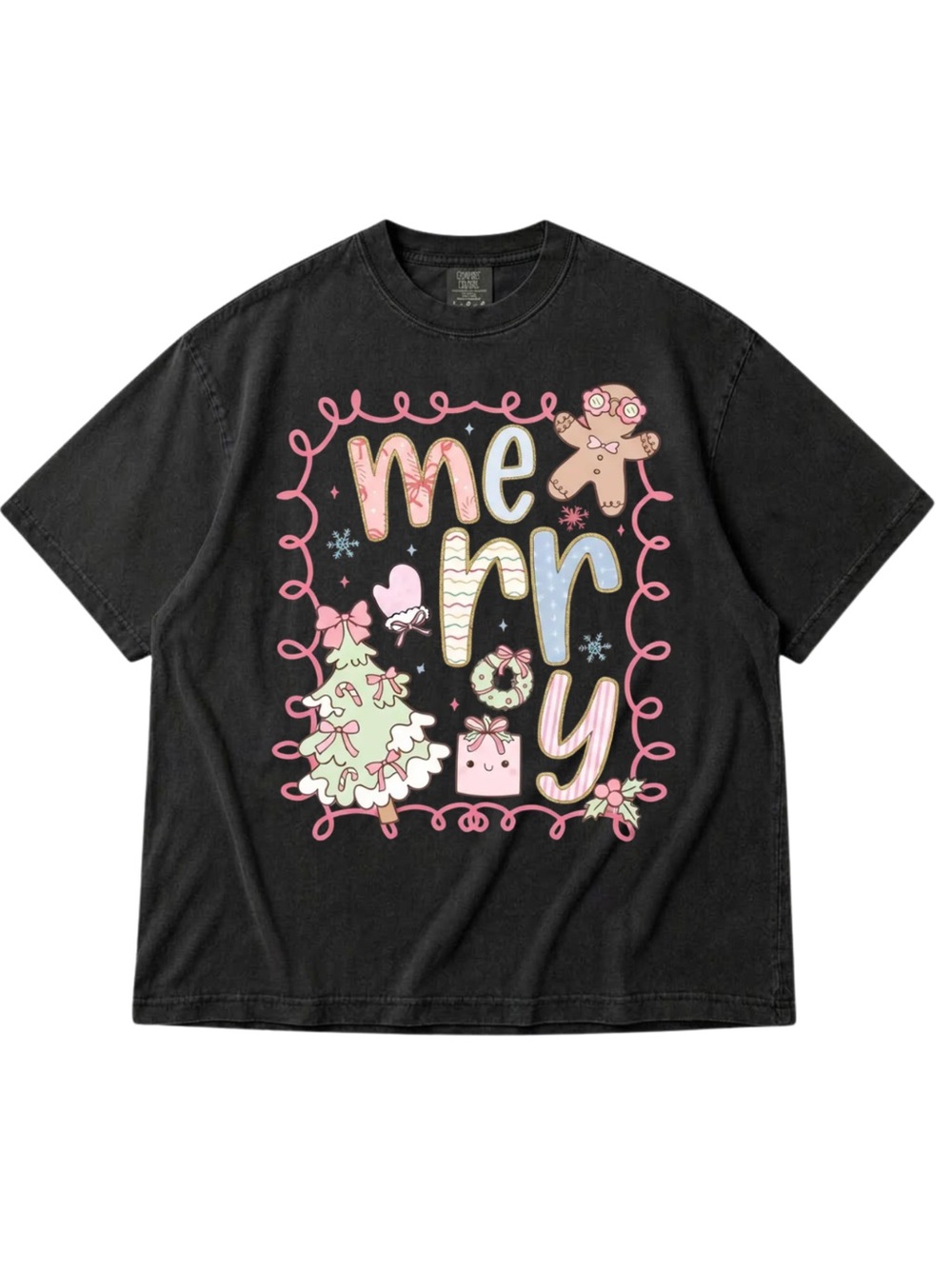 Comfort Colors Black Merry Holiday Graphic Tee with Pastel Accents